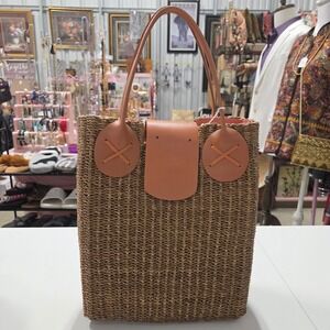 Balikbayan Handicrafts Woven Straw Tote Bag Tan Pink Lining Philippines Boho